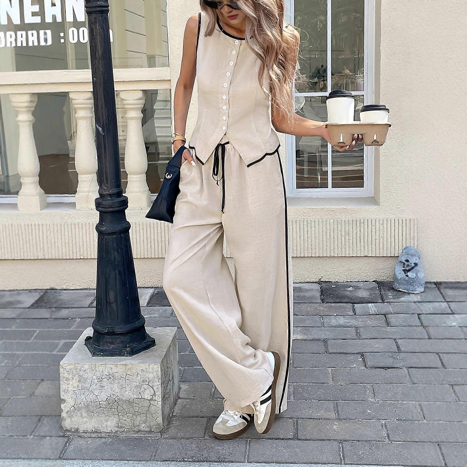 Women's Colorful Collarless Top With Drawstring Pants Set