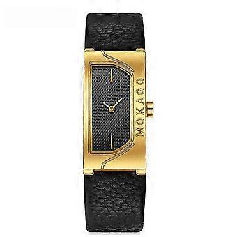 MOKAGO Damklocka Lyxig - Guldfärgad Boett med Svart Läderarmband | Elegant och Snygg Klocka för Moderna Livsstilar