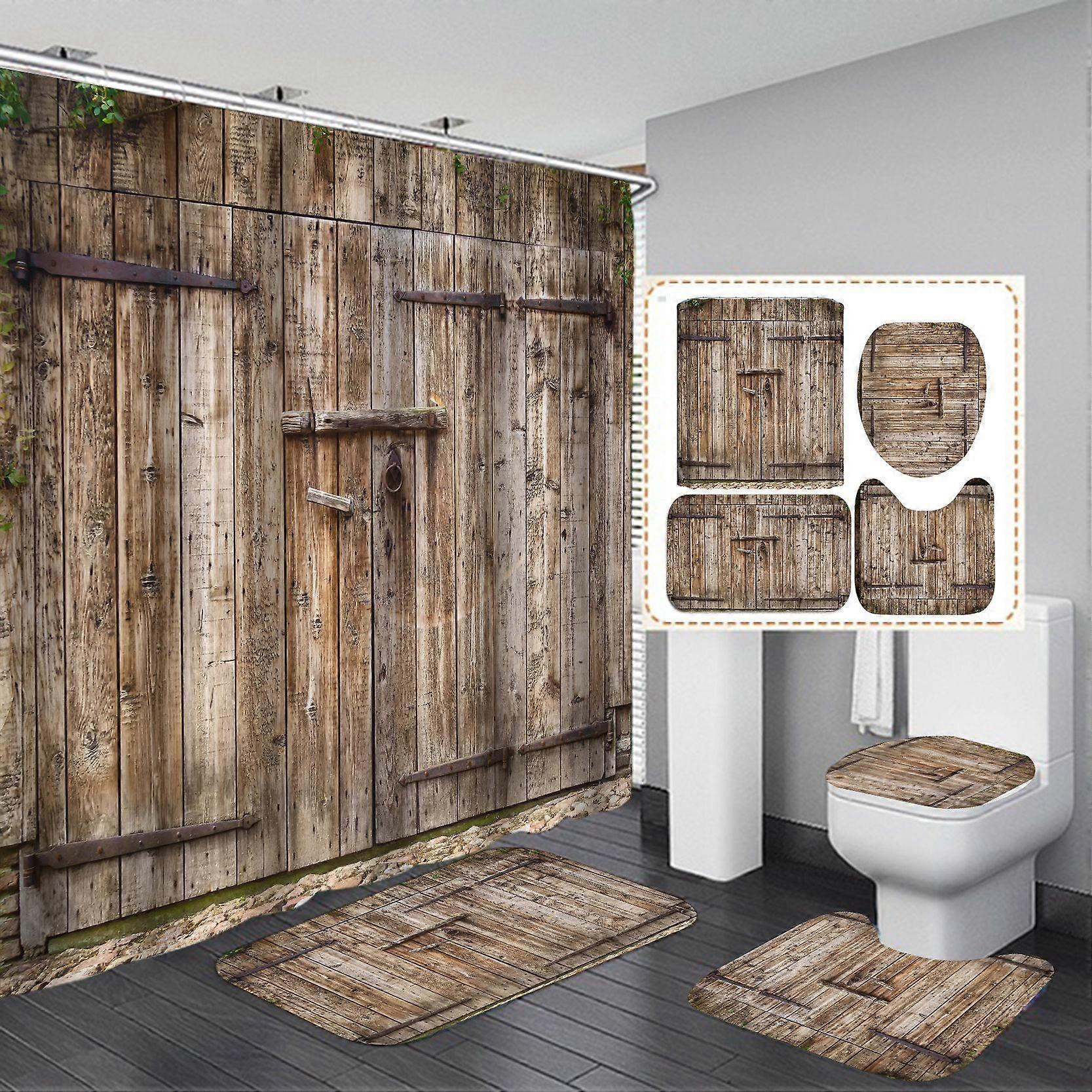 Rustic Wood Door Polyester Waterproof Shower Curtain Set