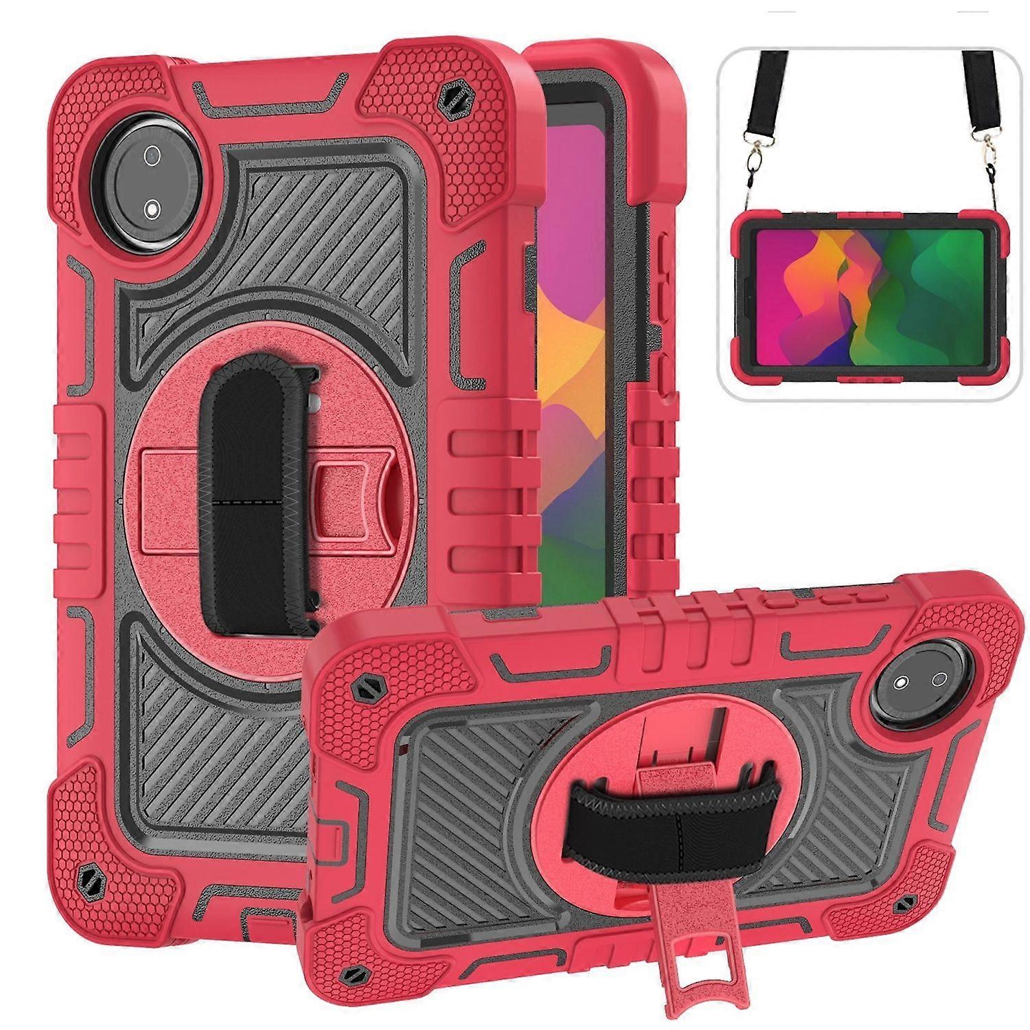 For Xiaomi Redmi Pad SE 8.7, 360-degree standable outdoor hybrid tablet case with holding strap, red/black