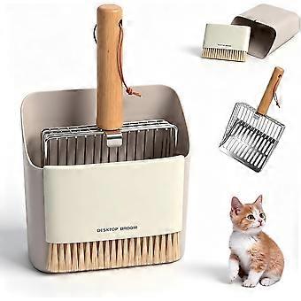 Kattegrusske med holder, kraftig kattegrusske i rustfrit stål med grov og finmasket maske, beige