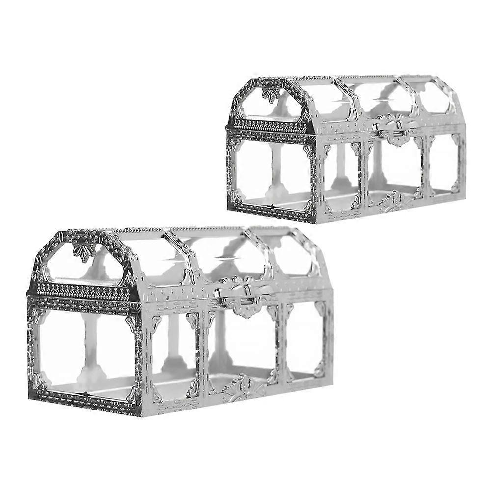 Treasure Chest Shaped Gift Box for Storage Use 2Pcs Silver Plastic Present Case
