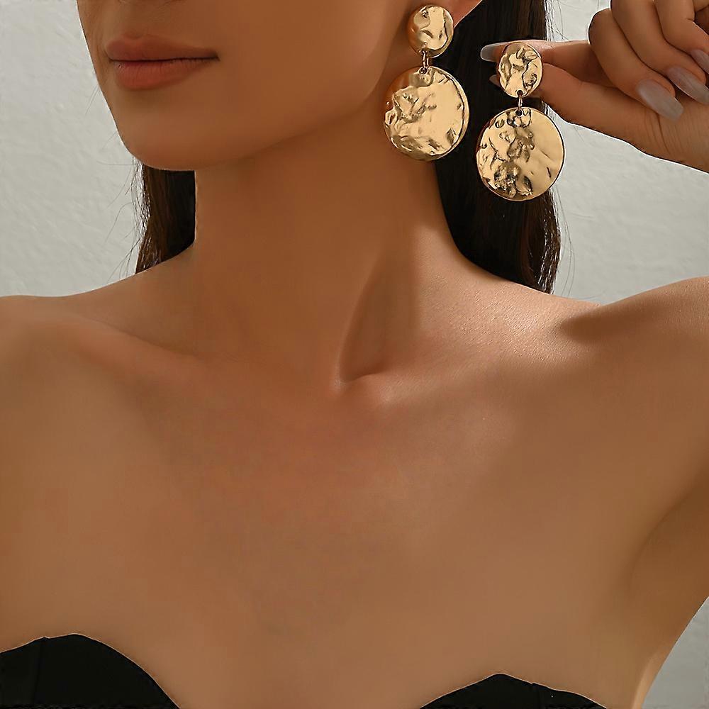 Flat Round Alloy Dangle Stud Earrings Golden 43x25mm