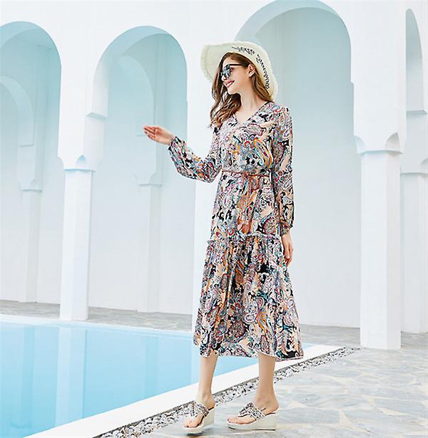 2022 New Hot Sale Brand Plus Size Elegant Print Long Skirt Long Sleeve Pelis Vacation Dress For Women