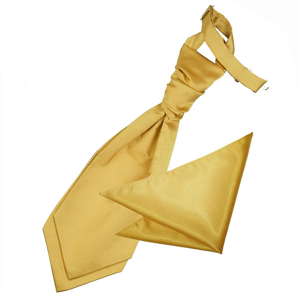 Gold Plain Satin Wedding Cravat and Pocket Square Set for Boys