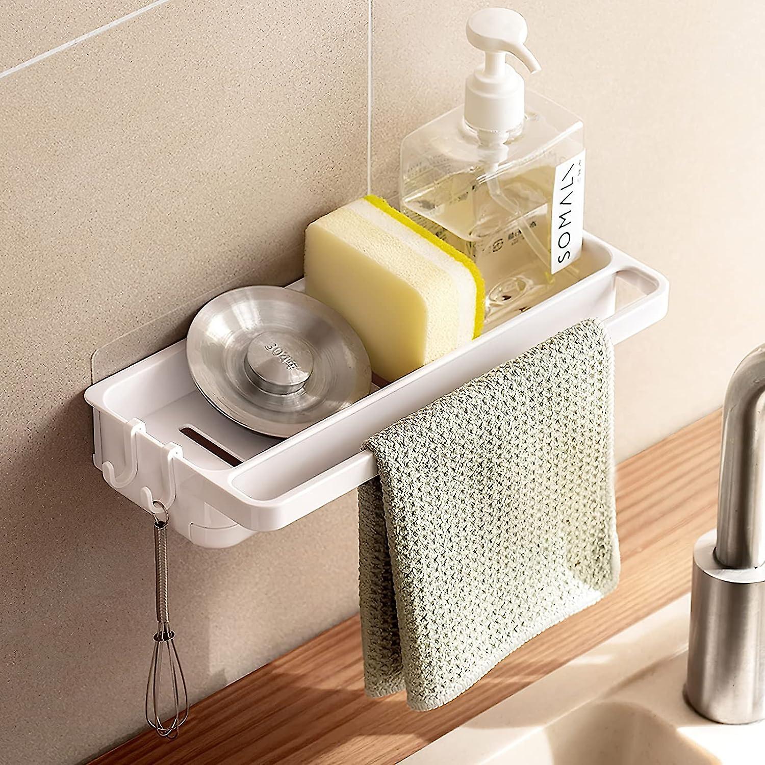 Kitchen Sink Sponge Holder, Self Adhesive ABS Soap Storage Shelf, Kitchen Sponge Storage, Multifunction Drainer with 2 Hooks and Towel Shelf