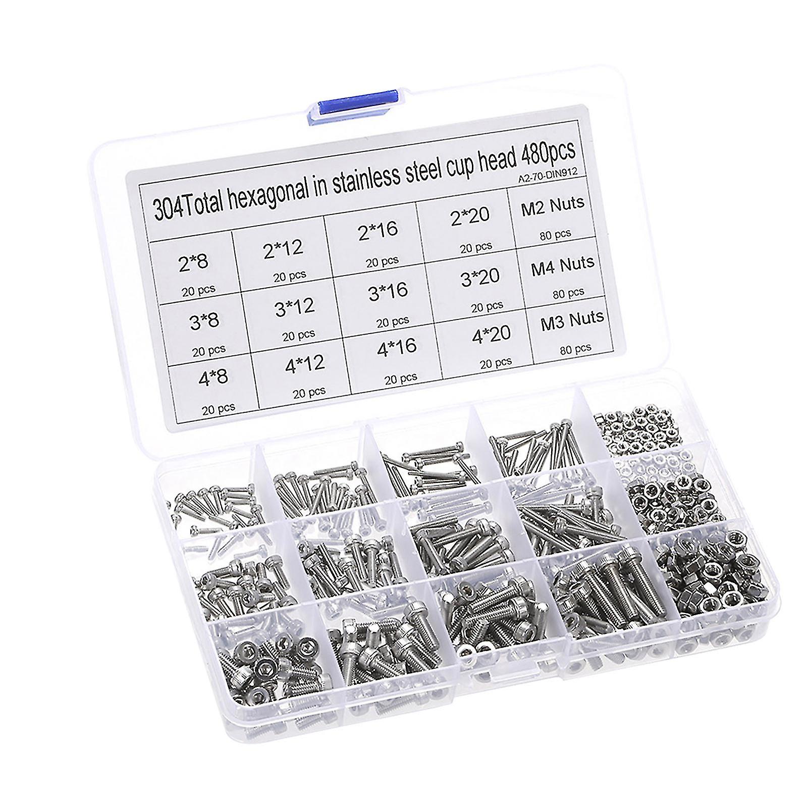 480pcs M2 M3 M4スクリューキット円筒形ヘッド六角ソケット304ステンレス鋼滑らかな表面ボルトナットセット家庭用