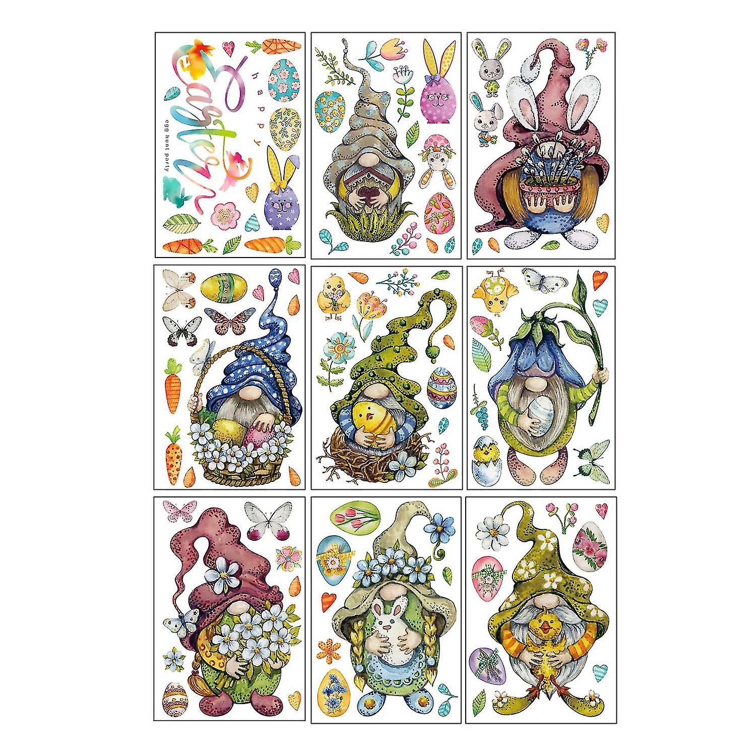 9Pcs/Set Glass Decal Electrostatic Adsorption Happy Easter Rabbit Gnome Static Window Sticker Home