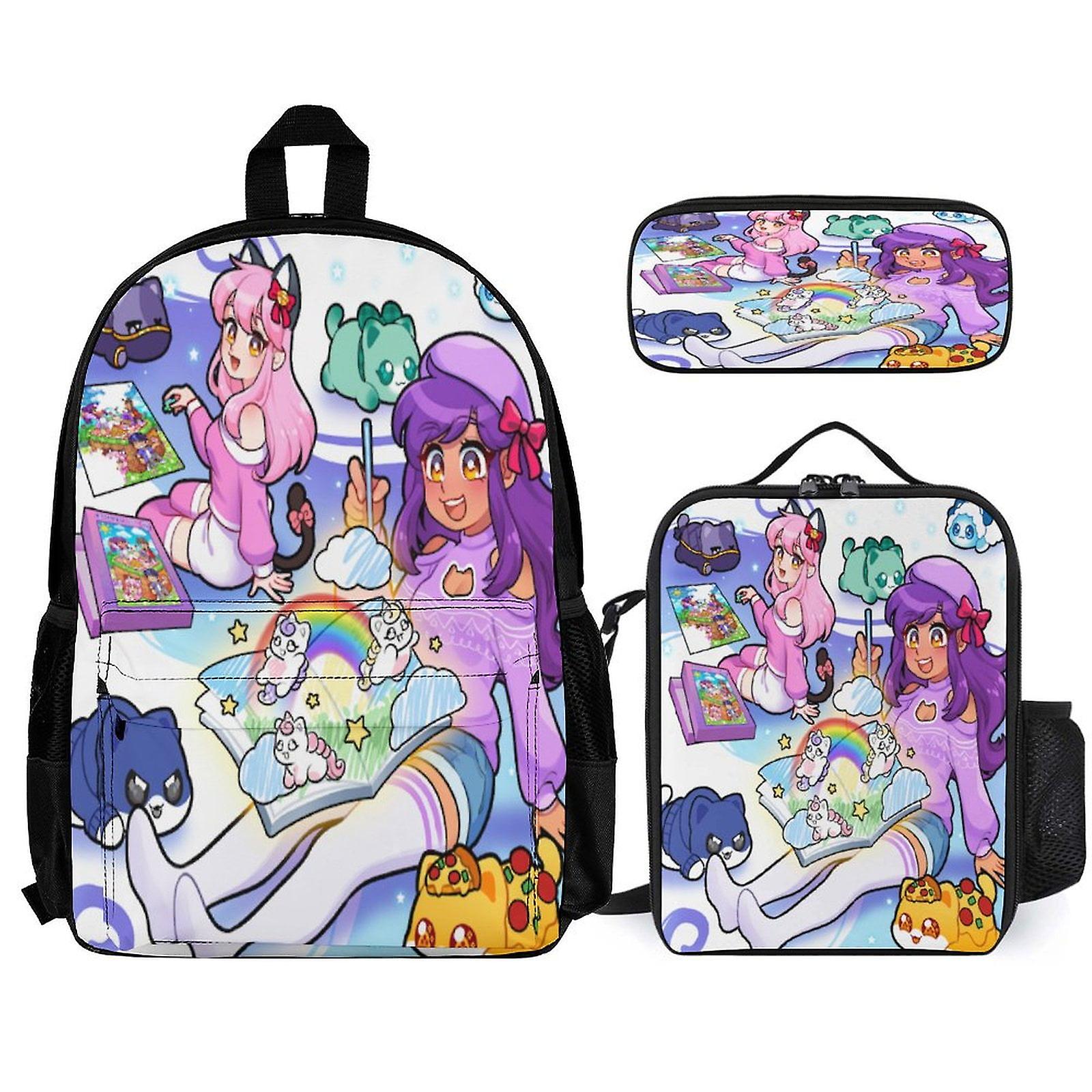 Aphmau حقيبة ظهر 3 قطعة مجموعة حقيبة ظهر للكمبيوتر المحمول مع قلم رصاص حقيبة غداء مختلطة