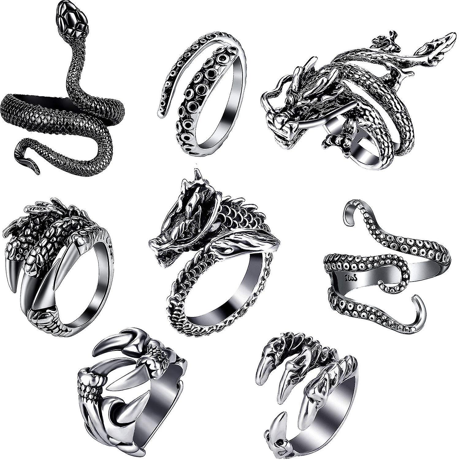 8 Pieces Vintage Punk Rings Octopus Dragon Snake Adjustable Ring