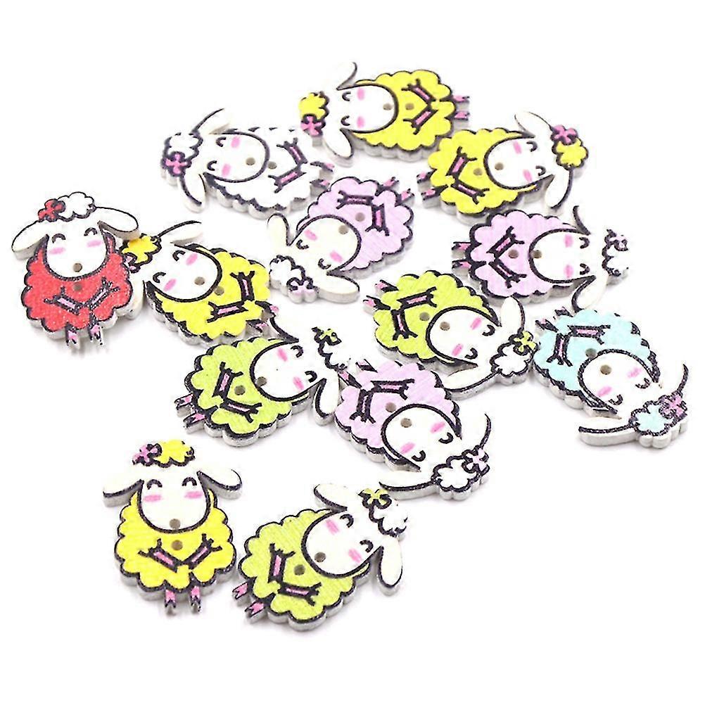 100Pcs Cartoon Wooden Button White Base Color Drawing Buttons Lovely Sheep Shaped Buttons Creative Sewing Buttons Decor for Crafts Making White Base