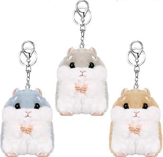 3 Pcs Cute Hamster Keyrings Soft Plush Keychain Hamster Pendant Keyring Pompom Keychain Decoration Animal Keychains Backpack  (BLUE BROWM GREY)
