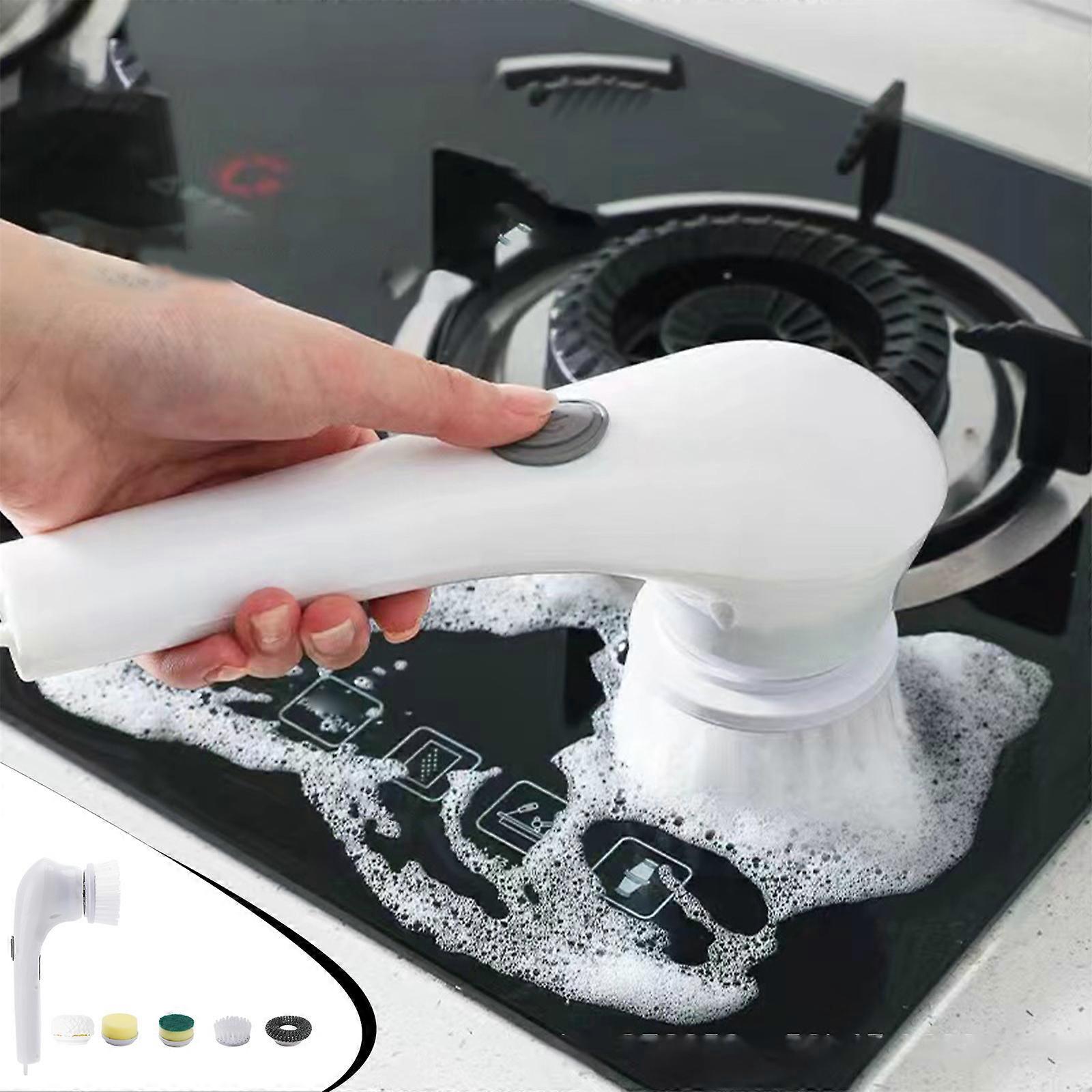 Electric scrubber brush: replaceable rotating head for powerful cleaning in bathroom and kitchen.