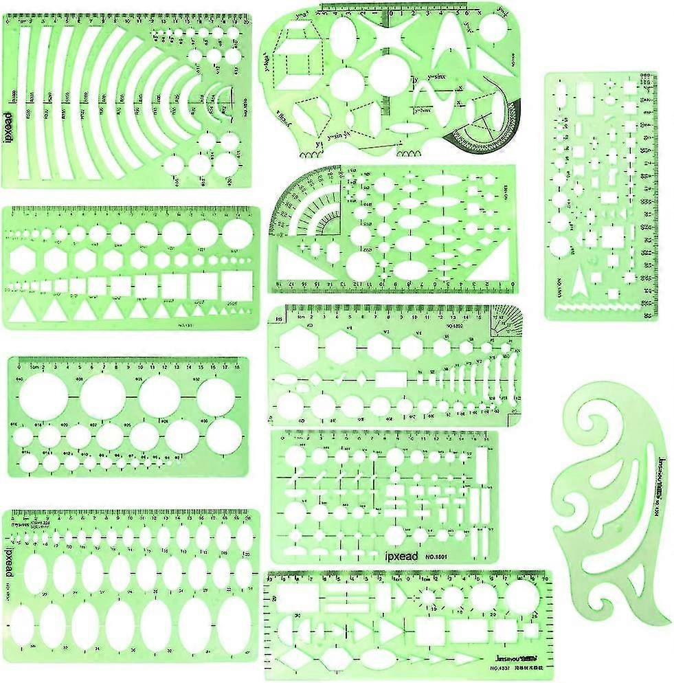 11 Piece Geometric Drawing Template Measuring Ruler, Transparent Green Plastic Ruler With Portable