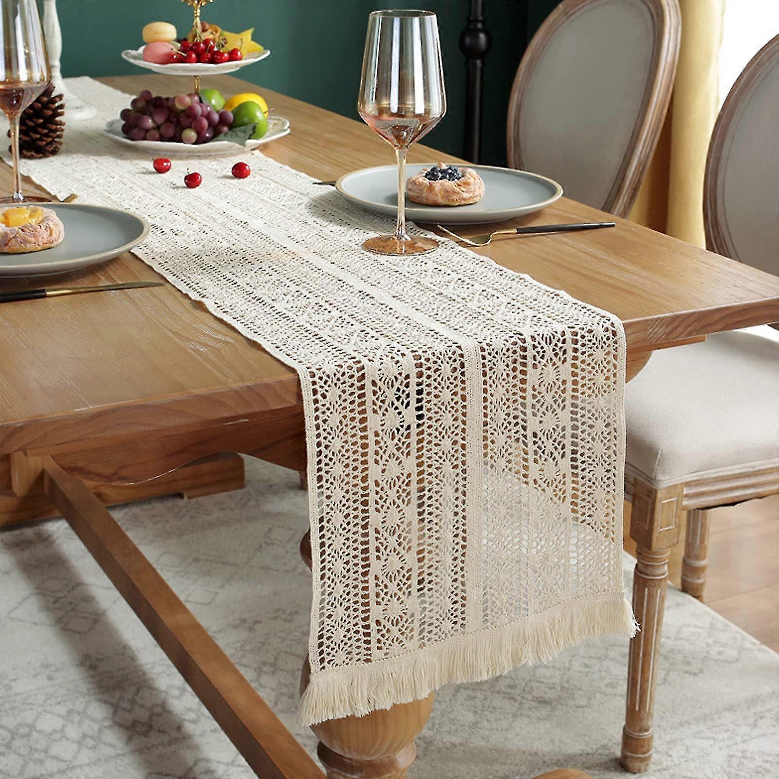 30cm x 200cm Beige Spitze Tischdecke Gewebt Häkel Spitze Boho Hochzeit Fransen Tischdecke mit Fransen für Boho Country Hochzeit Braut Dusche