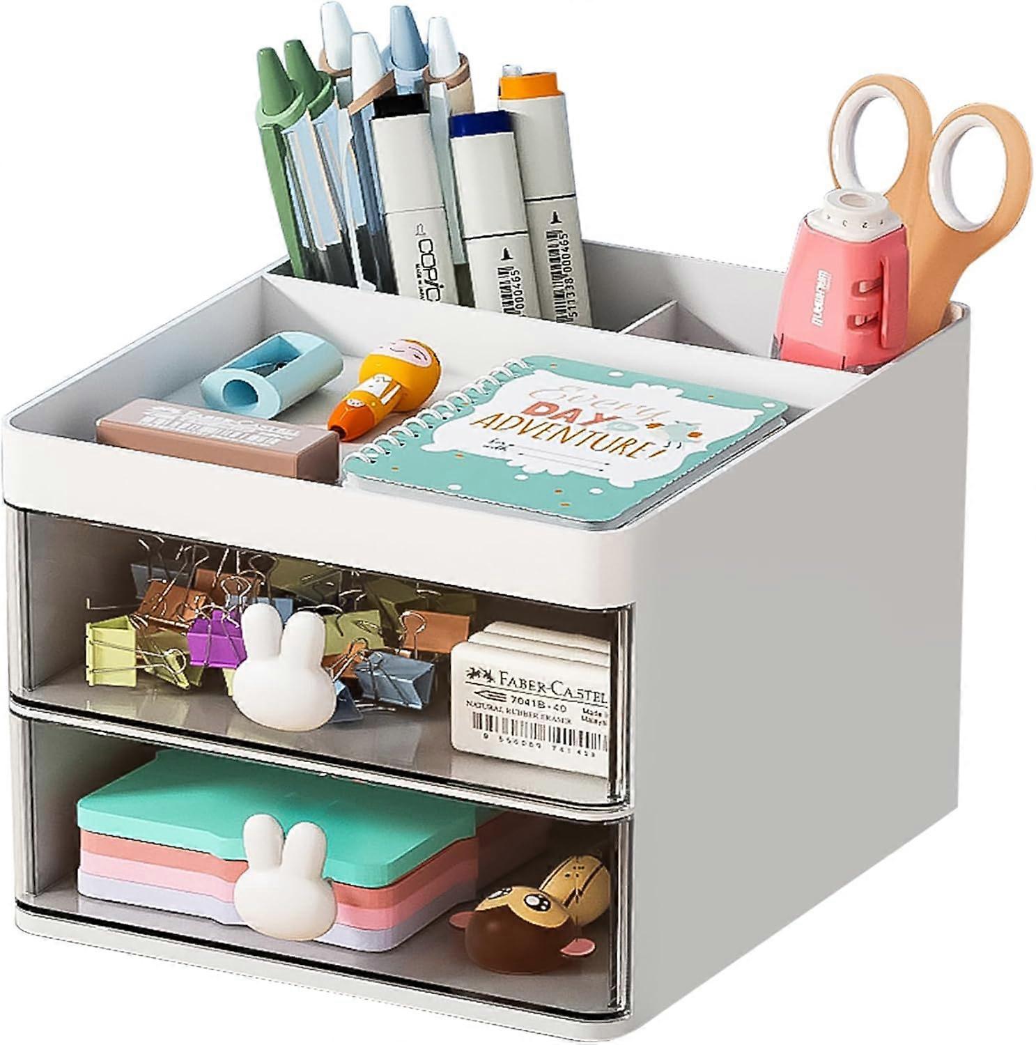 Small Desk Organizer with Drawer, Multi-Functional Pen Pencil Holder Storage Box for Desk, Desk Organizers and Accessories with 3 Compartments + 2 Dra