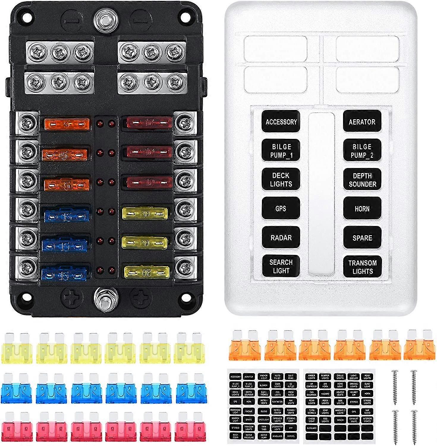12 way teardrop fuse holder, fuse box with 24 fuses 12 led lights protective cover for car boat motorhome