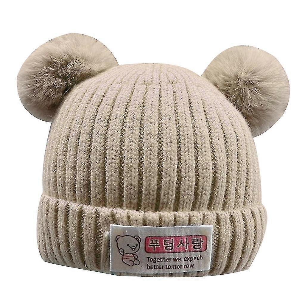 Knitted Beanie Hat Double Pom Warm Cap With Patch For 3-30 Months Infant Baby