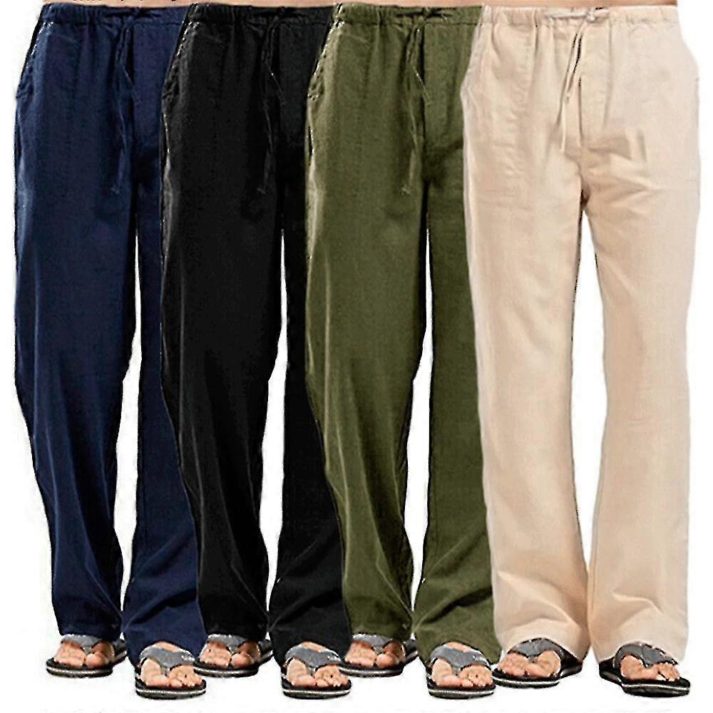 Pantalones de lino y algodón para hombre, de verano, de color liso, transpirables, con cintura elástica, informales, para fitness