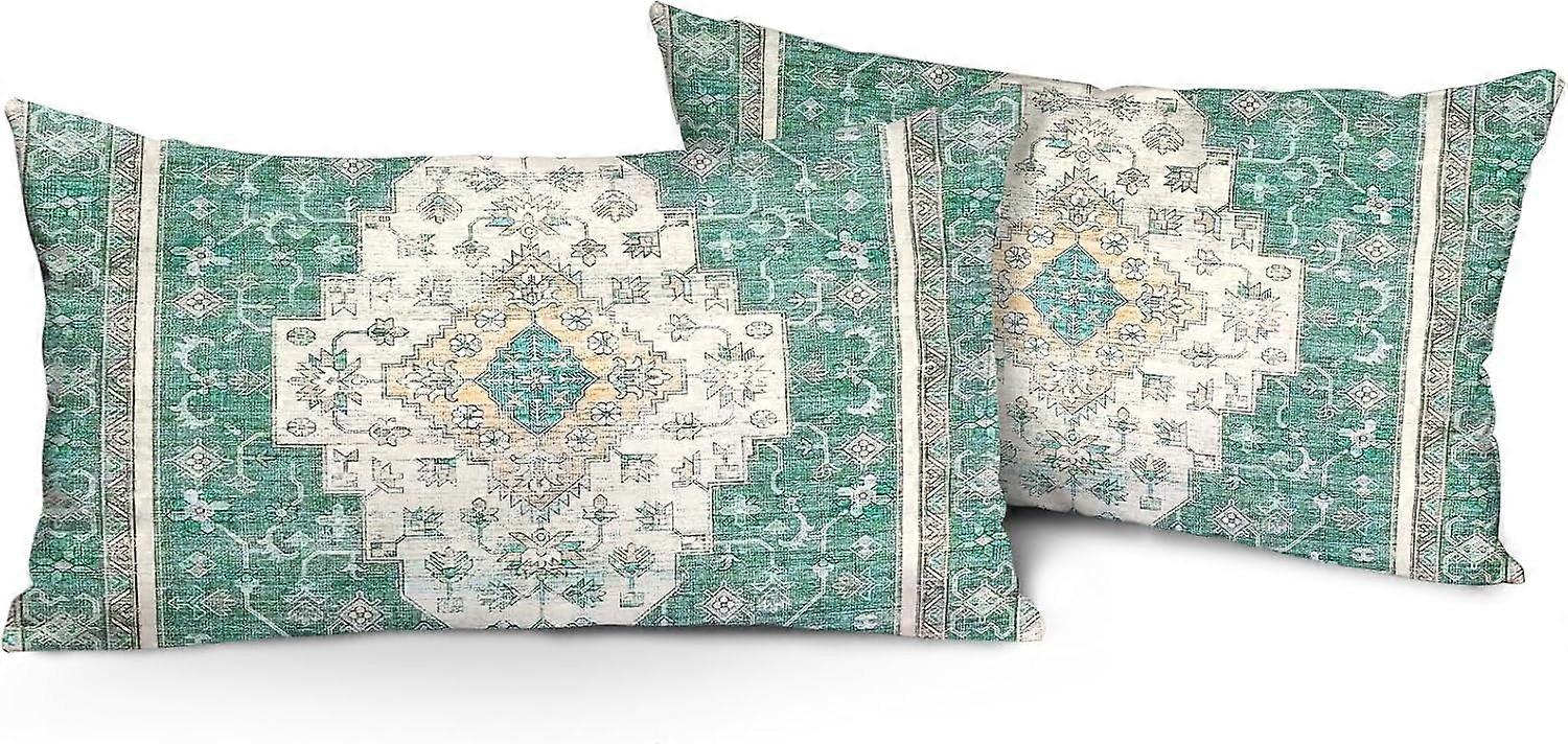 Fodere per cuscini Boho 12 "x20" Set di 2 monegasco Teal Bohemian Carpet Double Sided Pattern Federe in lino Fodera per cuscino per divano da fattoria Divano letto Deco