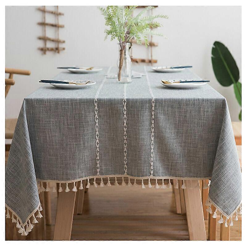 Rustic Fringed Check Tablecloth Anti-Wrinkle Cotton Linen Tablecloth for Rectangular Tables 140x180cm (Grey)
