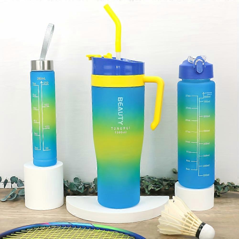 3pcs 46oz/27oz/9.5oz Gradient Color Large Capacity Water Bottle, 1360ml/800ml/280ml Travel Water Cups With Straw, Lid And Handle, Suitable For Outdoor