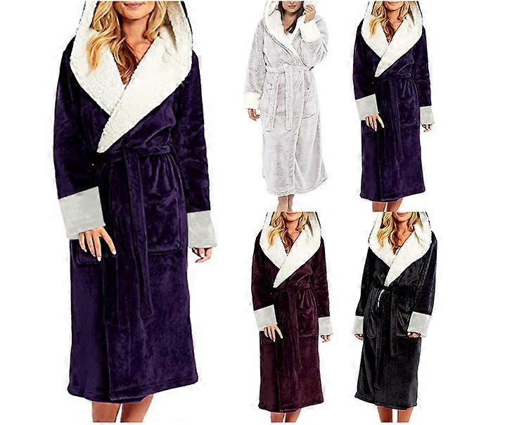 Sherpa Fleece Bathrobe Women Soft Dressing Gown Hooded Fluffy Towling Bath Robe Gifts