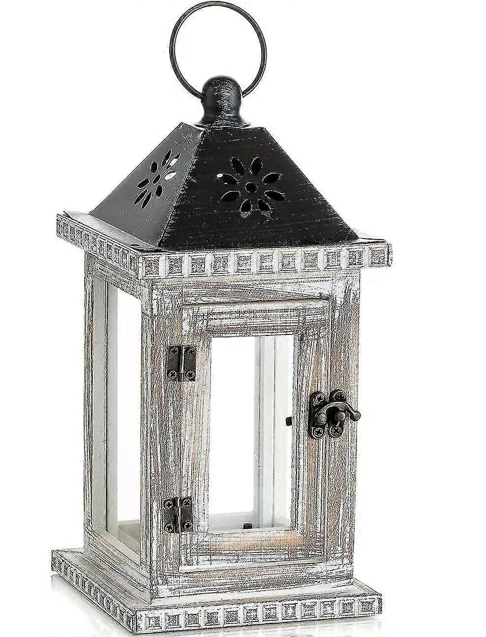 فانوس شمعة خشبي - فانوس أبيض مزخرف 28 سم ، حامل شمعة عتيق مزخرف بديكور أنيق