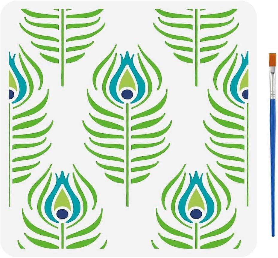 Peacock Feather Painting Stencil with 1 Pc Plastic Paint Brush 11.8x11.8 inch Reusable Bird Tail Feather Stencil Decorative Feather Stencil for Painti