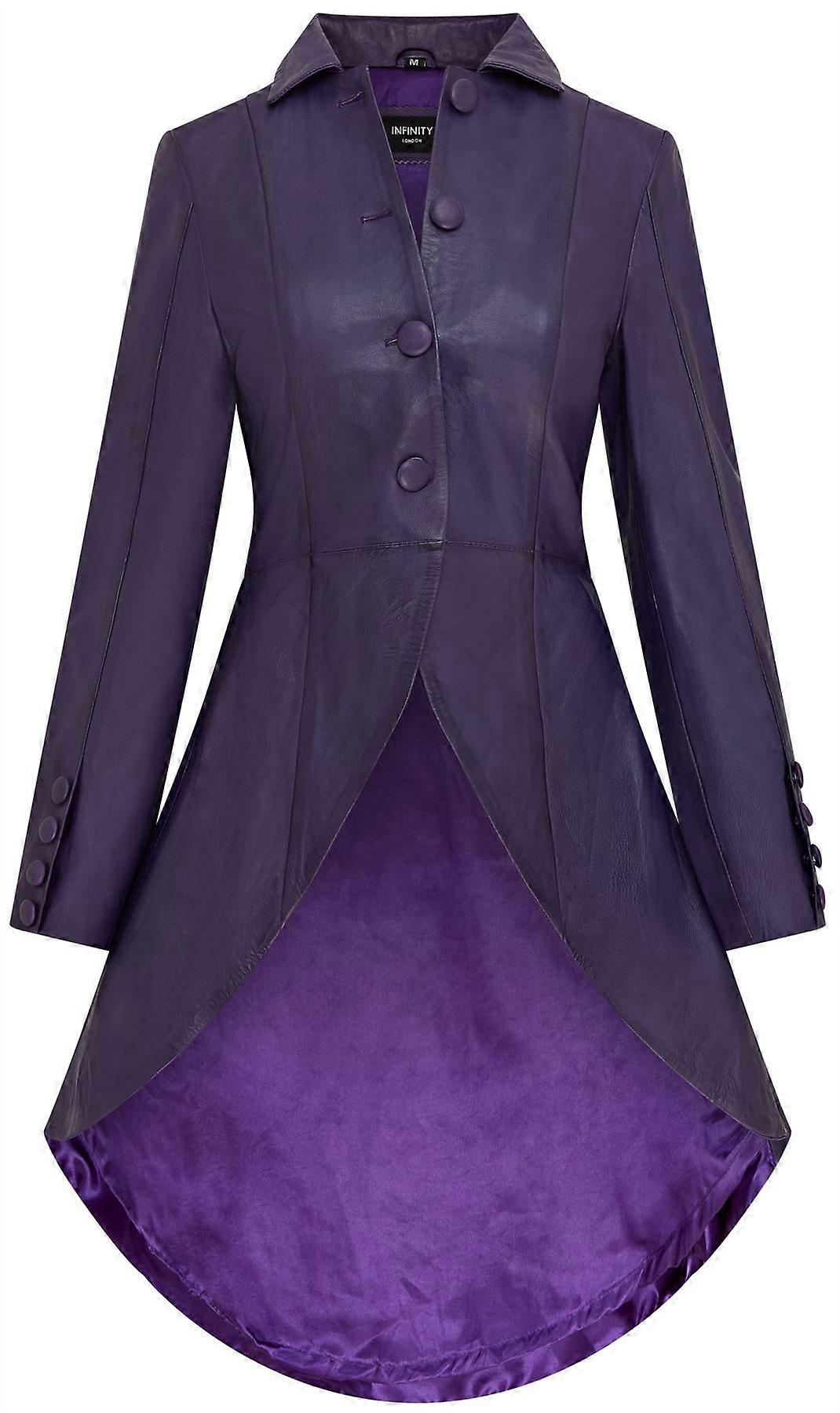 Womens Gothic Purple Full Length Leather Coat Victorian Flare Goth Punk