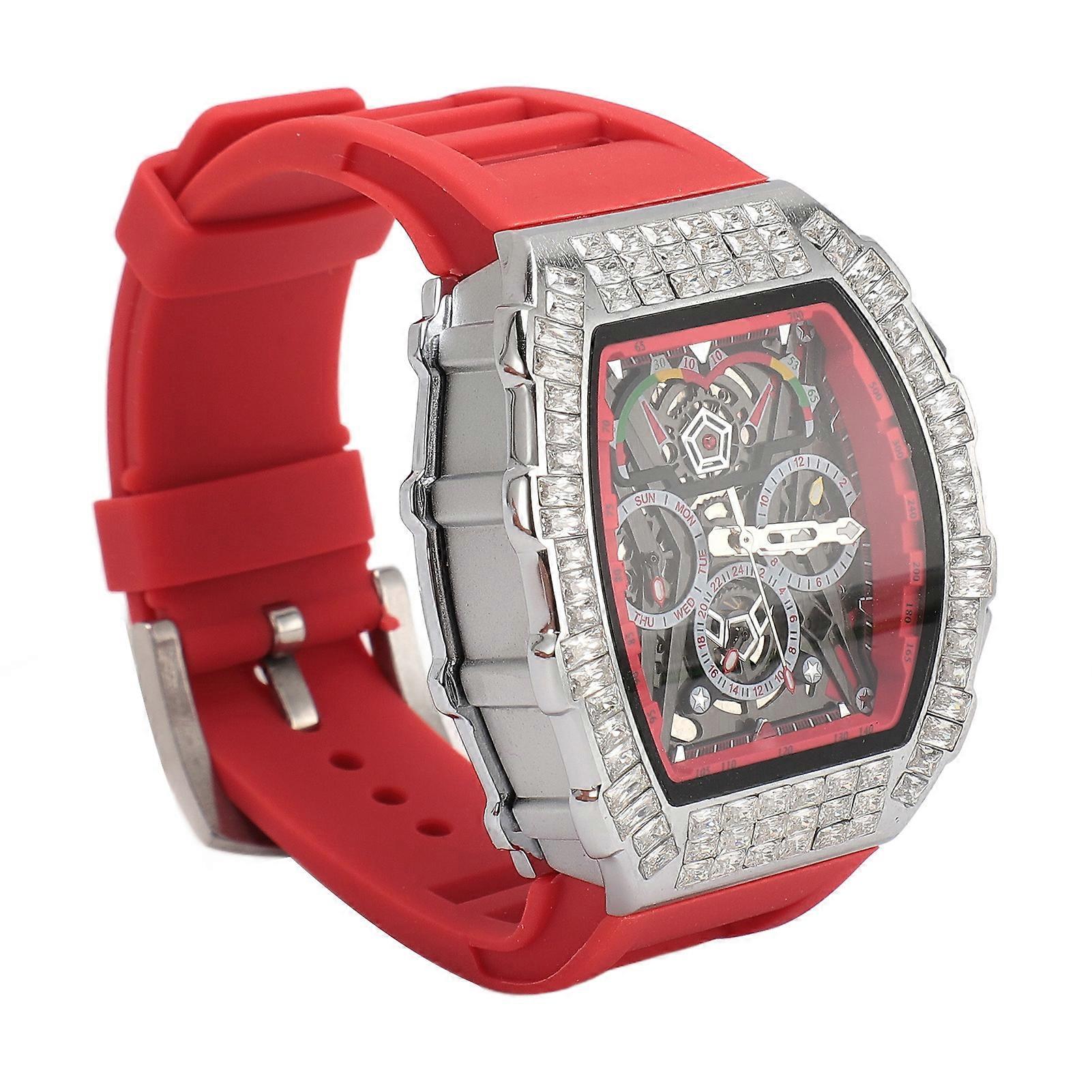 Silver Red Analog Quartz Watch 30m Waterproof 43mm Dial
