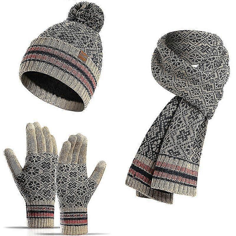 Winter Hat Scarf and Touch Screen Gloves (Beige)