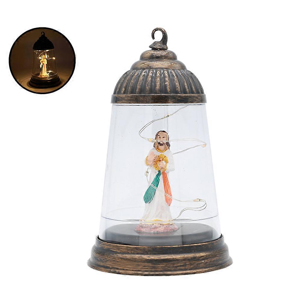 Christmas Conical Lamp Shape Ornament Jesus Figurine Statue with LED String Light Retro Hanging Lantern Holiday Decor