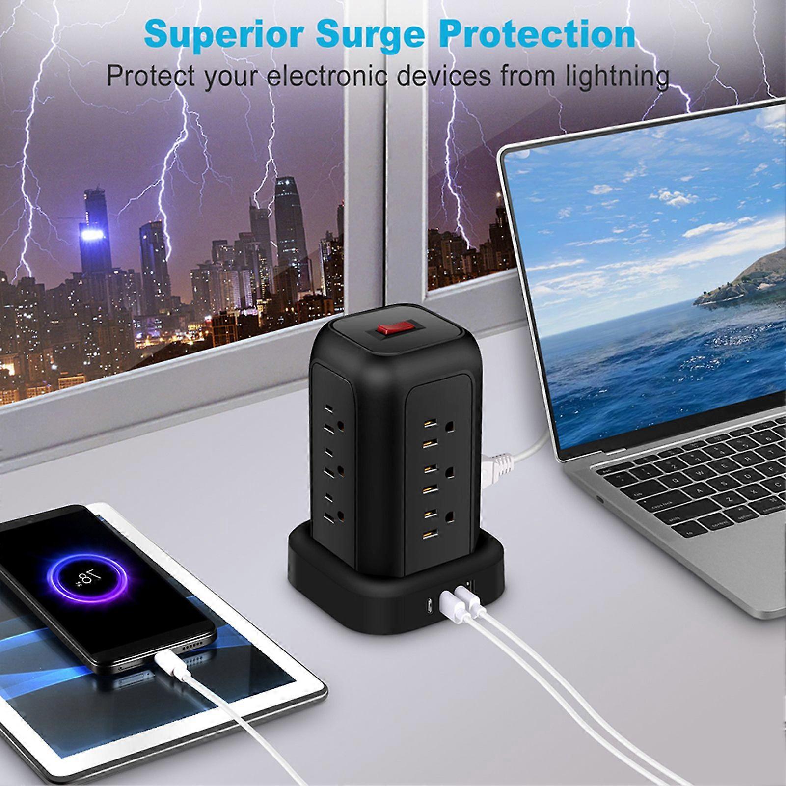 Tower Plug Power Strip Tower 12 Outlets, USB*3 Type-C*1, 5.1 Ft Power Strip with 45 Plug, 2000W 13A, Superior Surge Protection, Overload Protection, U
