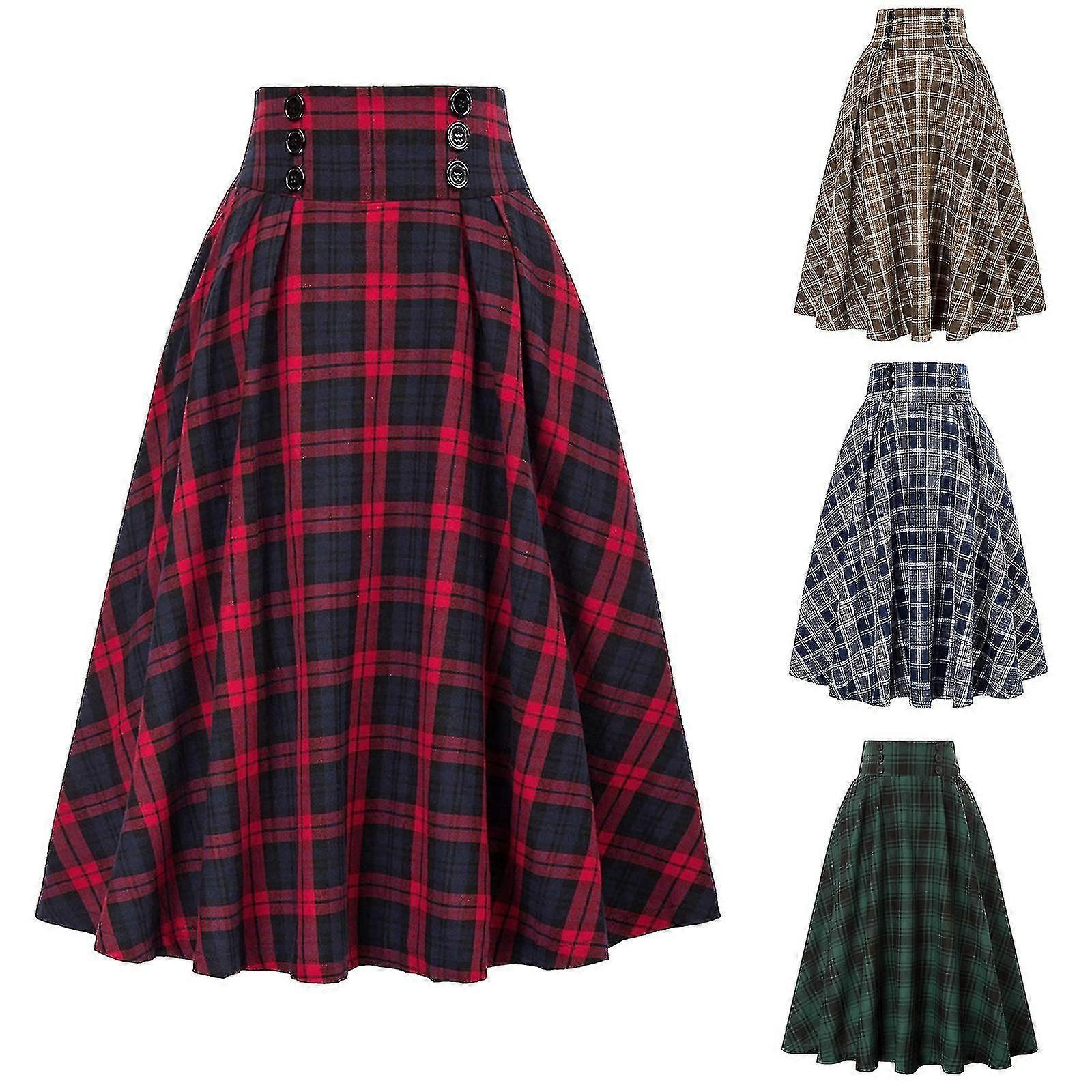 Womens Plaid Wool Skirts Elastic Waist A-line Pleated Tartan Long Skirts-Yvan