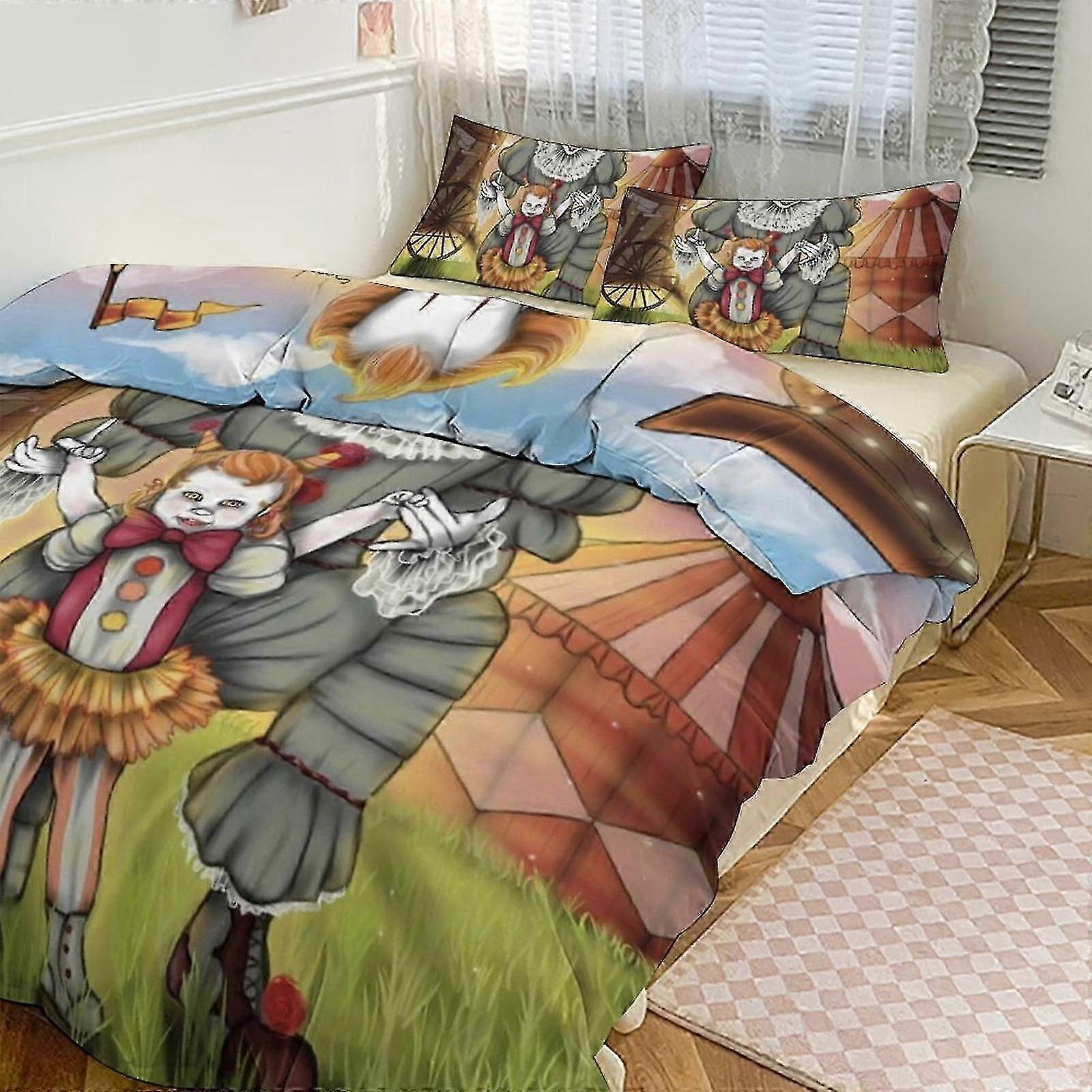 o2370 ملاءات السرير Pennywise طباعة طقم الفراش نمط لحاف كوف طقم 3 قطع غطاء لحاف وأغطية وسادات للنساء والرجال والمراهقين (1 غطاء لحاف و 2 بيل