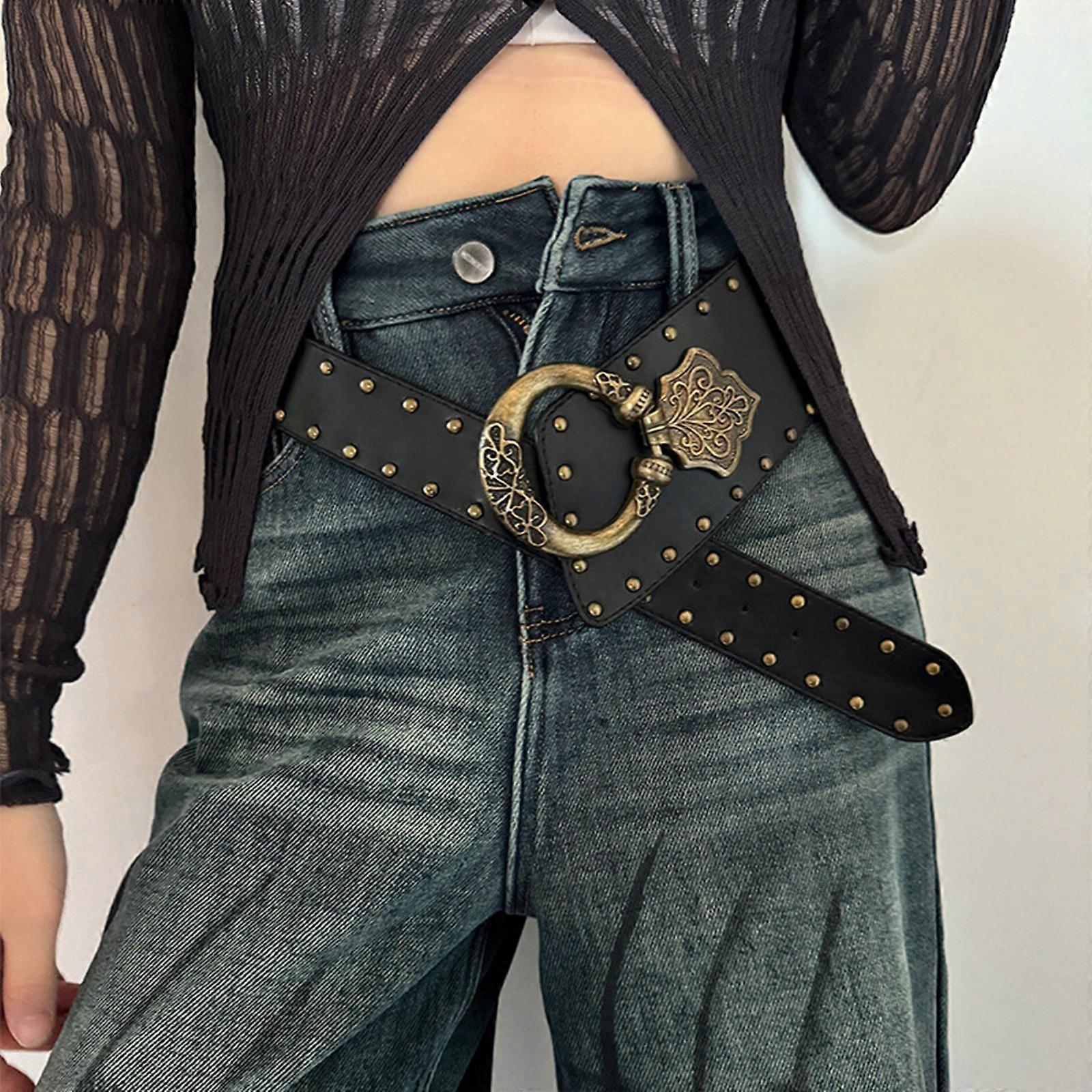 Western Carved Buckle Belt for Various Outfit Rivet Studded Wide Belt for Pants Sweater Decorative Belt for Everyday Use leopard print