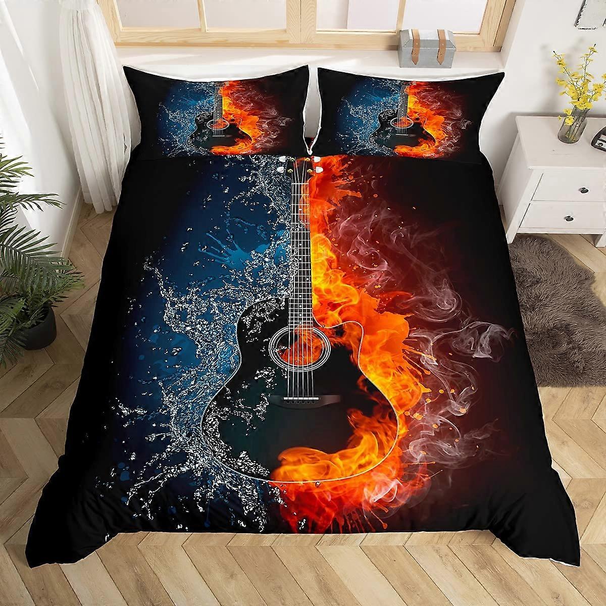 3 Pieces Colorful Guitar Duvet Cover Set Full Size Microfiber Polyester Comforter with 2 Pillow Shams Zipper Closure