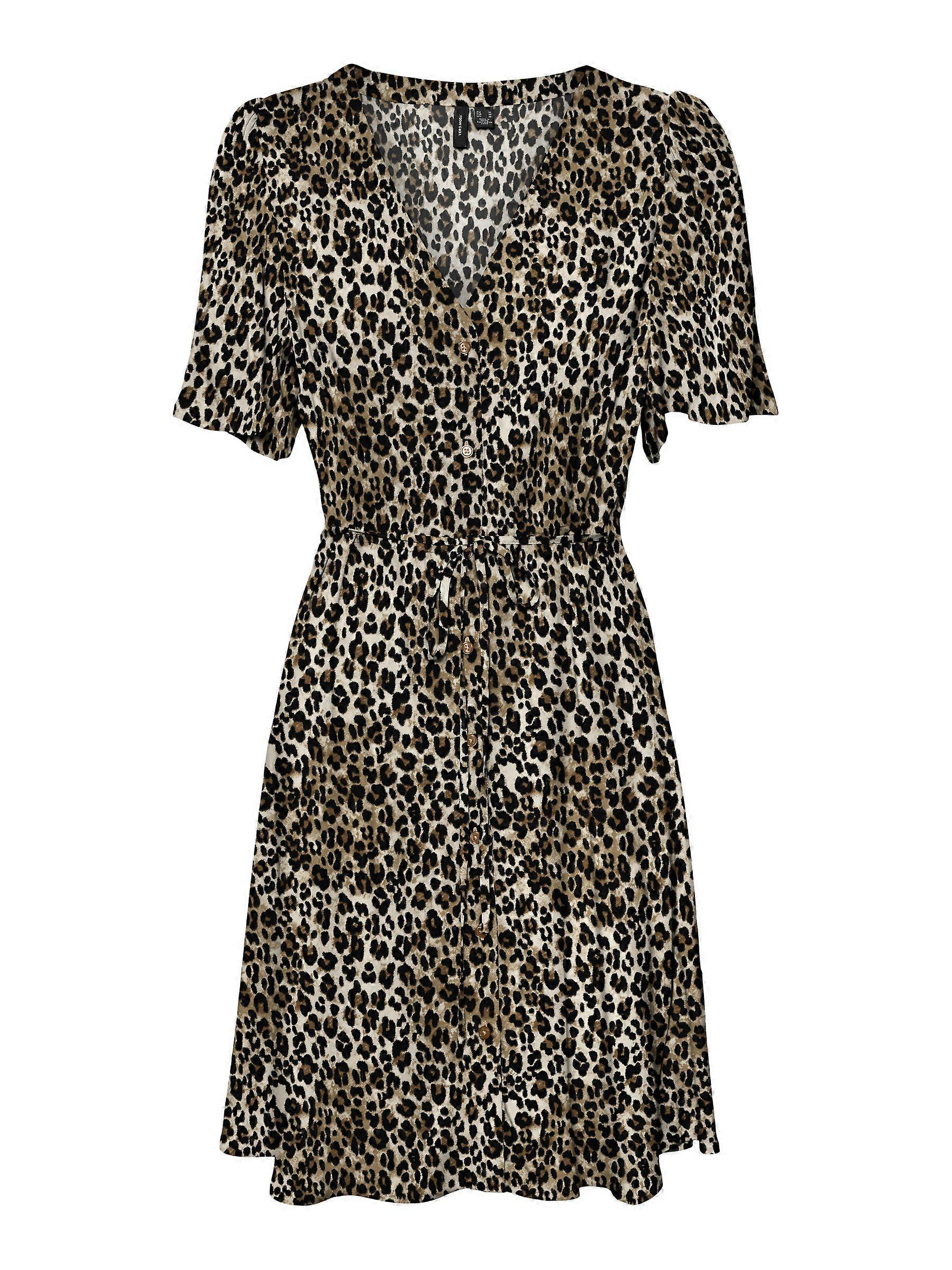 VERO MODA Dress with Button Placket Animal Print and Belt Leopard Pattern