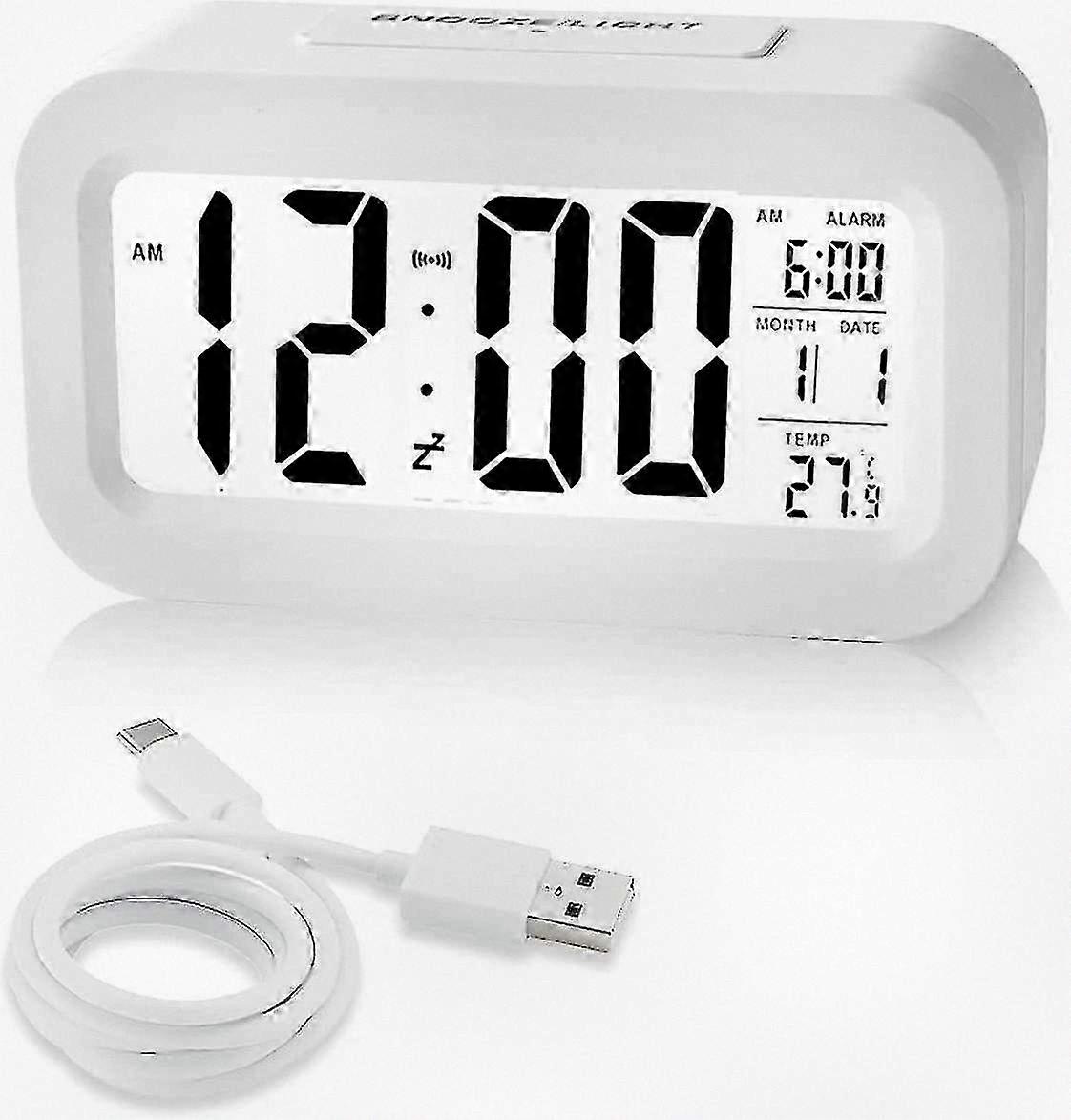 Rechargeable Alarm Clock, Digital Alarm Clock Mains Powered Bedside with Adjustable Brightness, 12/24 Hours Date and Temperature Display, Su
