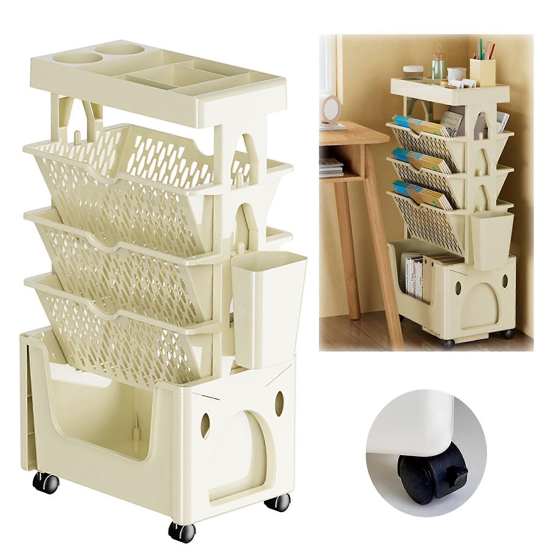 Rolling Bookshelf Cart Narrow 5 Tier Book Rack Storage Bookshelf Mobile Book Shelf with Wheels for Office Dorm Classroom,Yellow