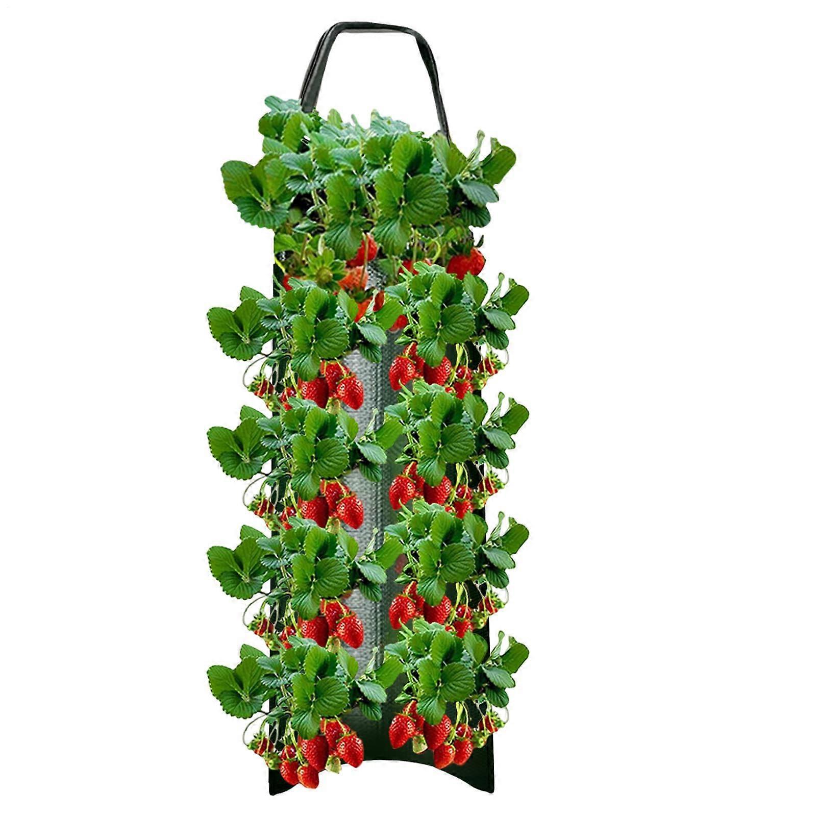 Hanging Strawberry Plant Bags with 10 Holes, Vertical Garden Planter for Tomatoes, Potatoes, and Carrots, Green Fabric Design