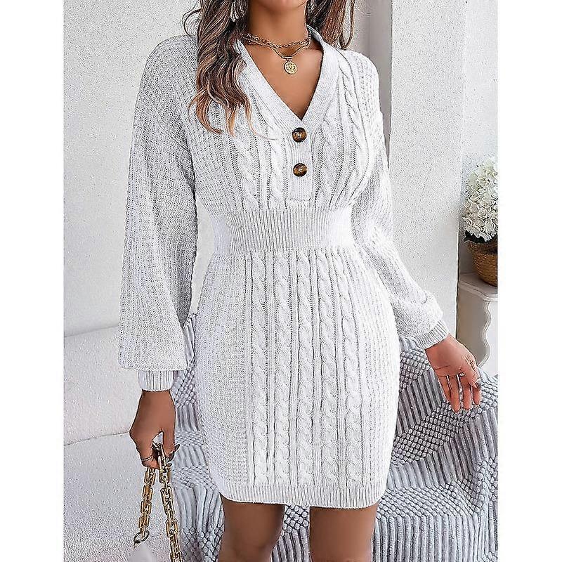 Women's Autumn/winter Twist Lantern Sleeve Hip Knit Button Sweater Dress