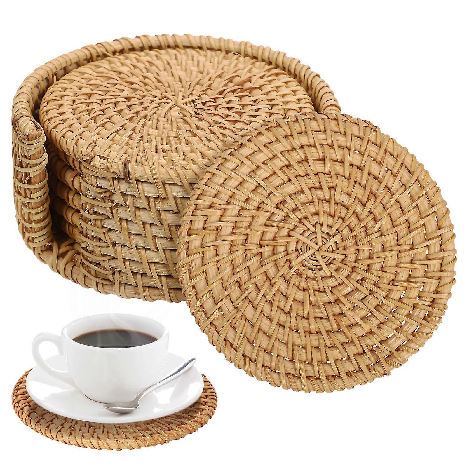 Rattan Coasters with Holder – Woven Cup Mats for Indoor/Outdoor Use – Protection – Rustic Home Decor for Coffee Tables