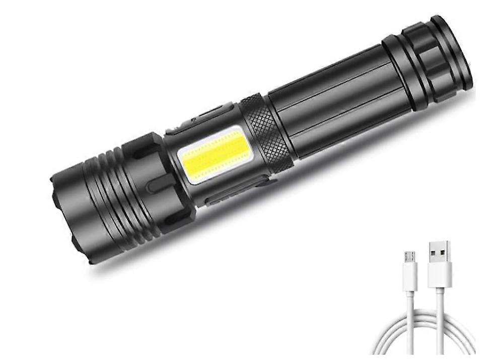 Led Flashlight COB 9-core Torch USB Rechargeable Flash Light Zoomable Work Lights XHP70.2 Aluminum Lantern(Black)