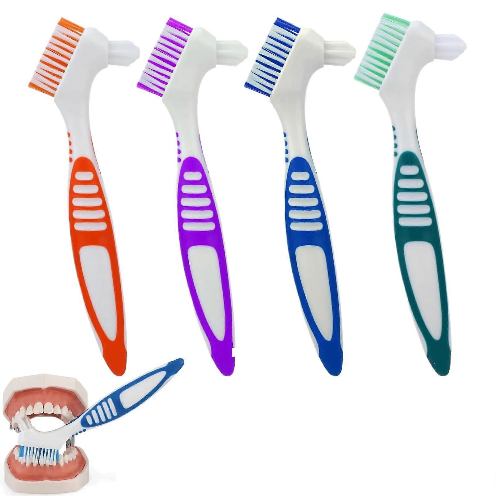 Denture Toothbrushes Pack of 4, Double-Sided Portable Cleaning Brushes for Dentures and Braces, Multilayer Design in 4 Colors
