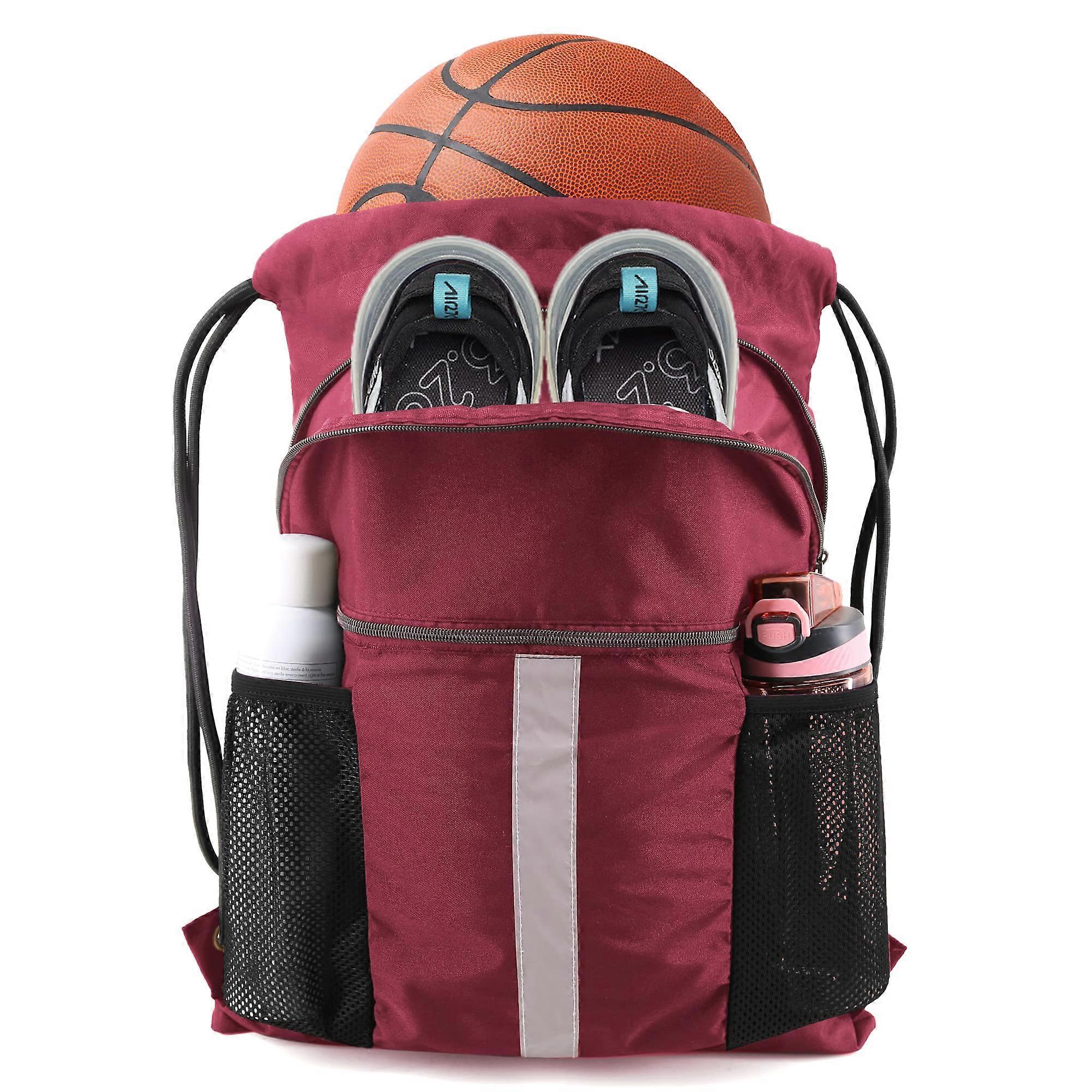 Drawstring Backpack XL Gym Sports With Front Shoe Compartment Wine Red