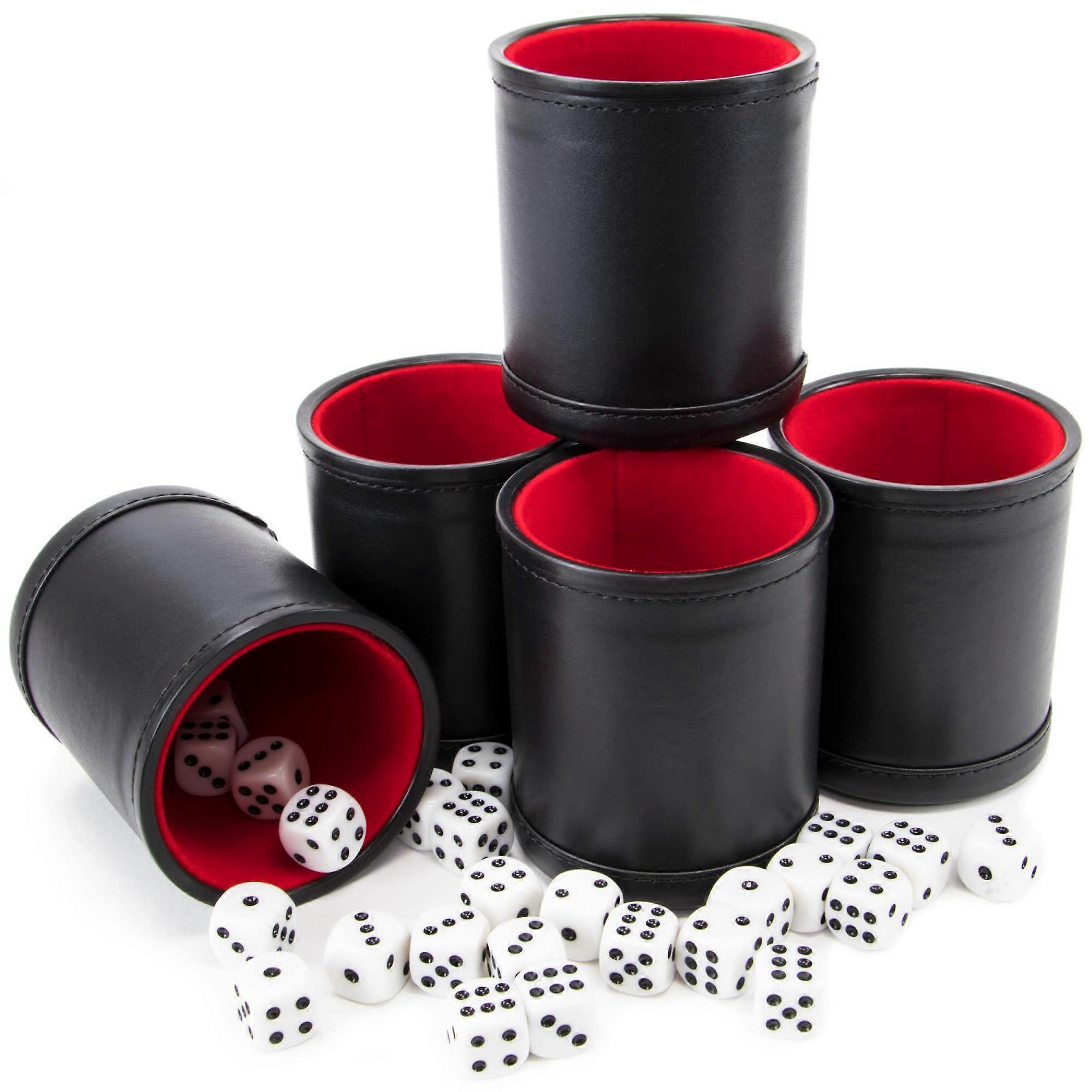 Bundle of 5 Professional Dice Cups Red FeltLined, Quality Bicast Leather, Includes 25 White SixSided Dice