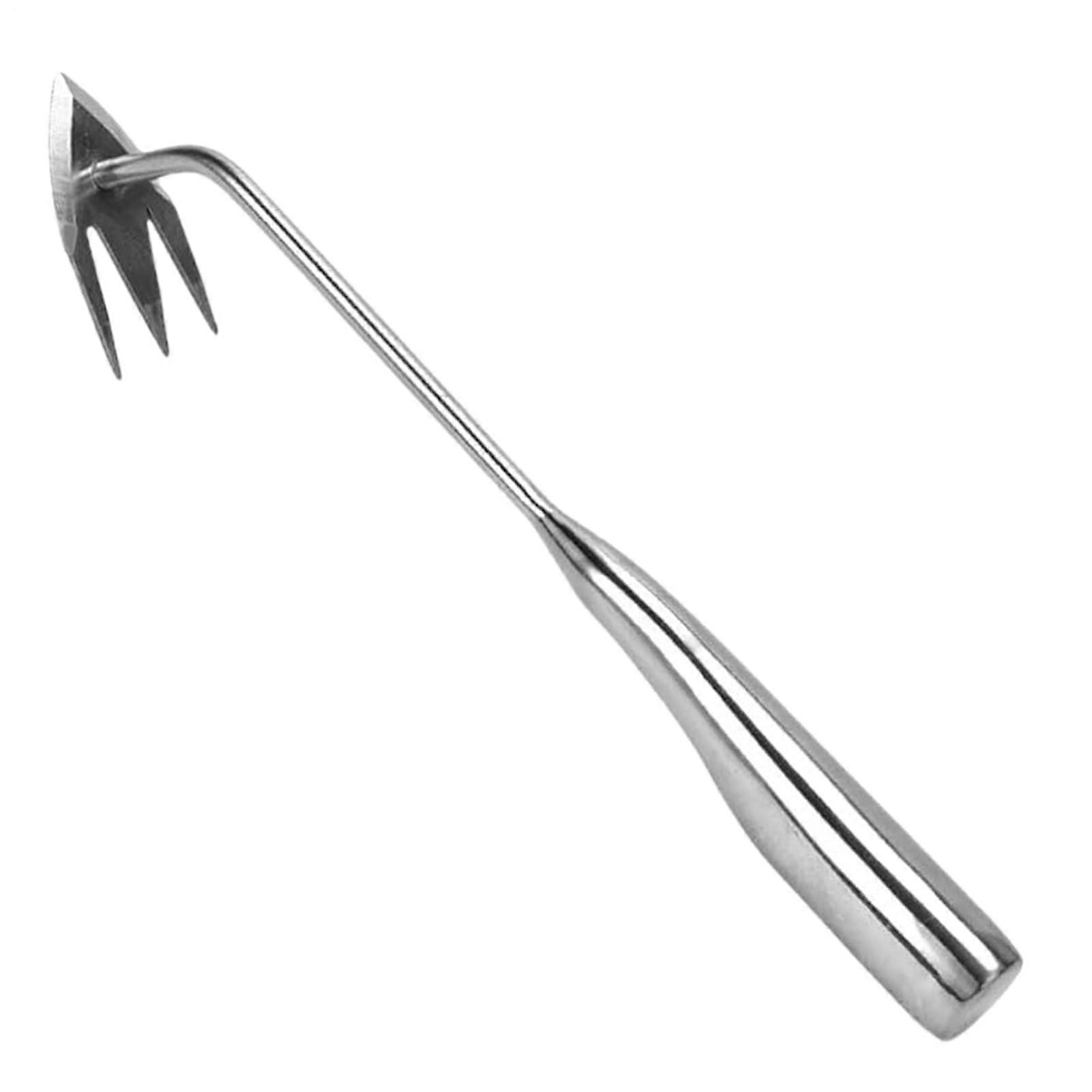 Weed puller tool, ergonomic handle with 3 prongs for removing weeds in garden, stainless steel.