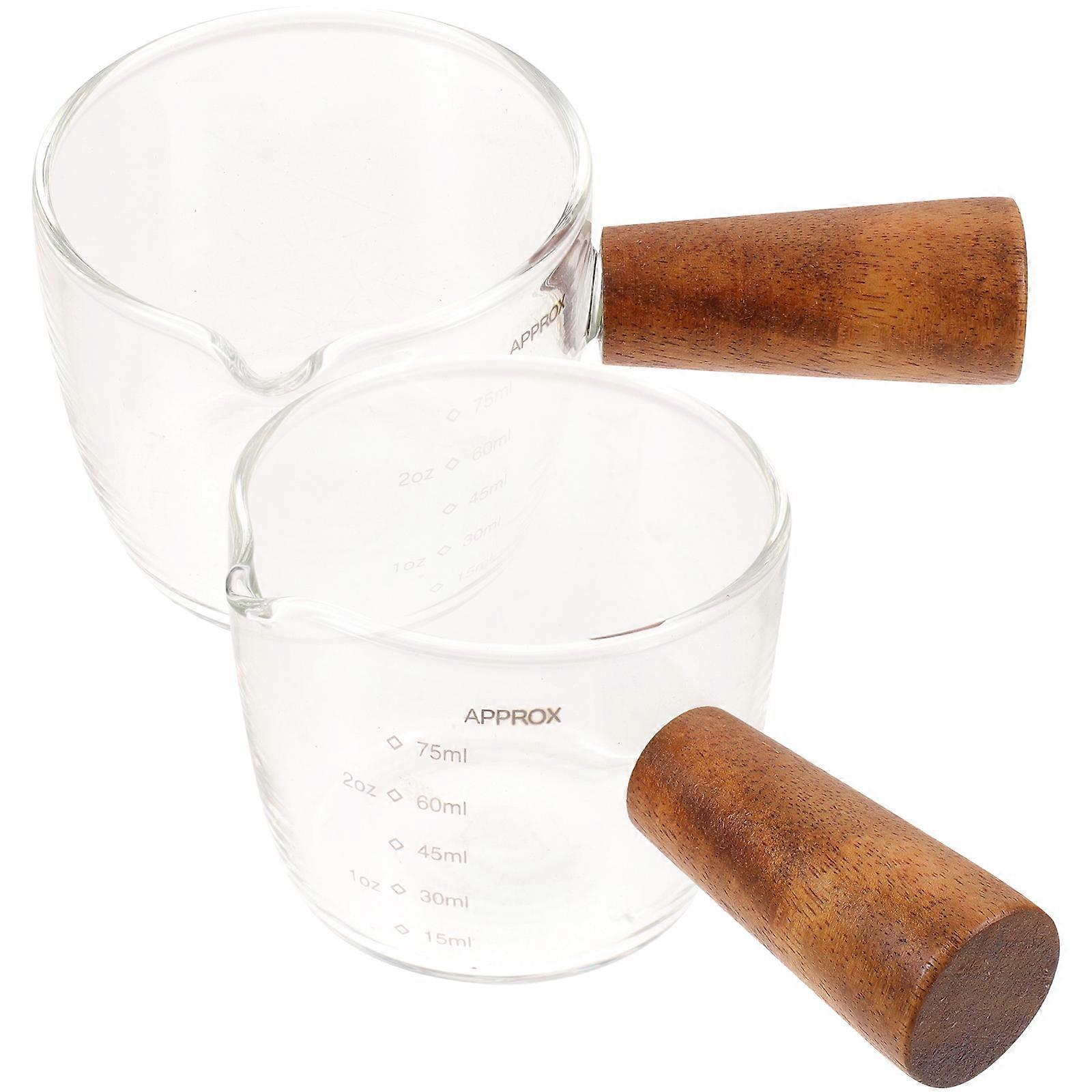 2Pcs Espresso Measuring Cup with Wood Handle Espresso Milk Pouring Cup and Glass Cup